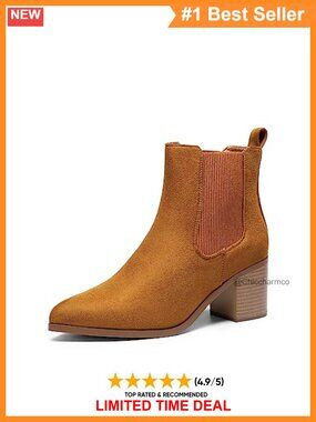 Women's Faux Suede Pointed Toe Chelsea Ankle Boots Block Heel Pull-On Fall